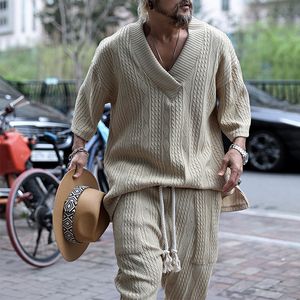 Herrespår Summer Casual tröja Set Loose Short Sleeve Knit Tshirt Long Pants Two Piece Male Woolen Suits Ropa Para Hombre 230727