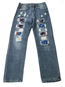 Jeans da donna Pantaloni da uomo in denim con stampa bandiera americana strappati High Street Pantaloni lunghi dritti casual alla moda da donna