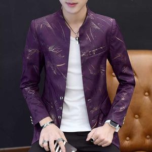 Men's Suits & Blazers Print Foil Gold Stand Collar Suit Blazer Men Club Party Prom Jacket Floral Mandarin Masculino Slim Fit 256y