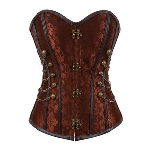 Donna Vintage Steampunk Gothic PU Pannelli in pelle Jacquard Overbust Corsetto Top con catene e bottoni Accent S-6XL Plus Size Marrone290v