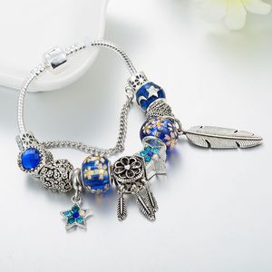 2023 Lady Explosion Blue Alloy Large Hole Beads Bracelet europeate and American Retro Feather Pendantのために作成された最新の絶妙な形状のネックレス