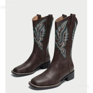 Boots BONJOMARISA Cowboy Boots Women Embroidery Low Heel Slip On Western Boots Vintage Retro Brown Boots Square Toe Shoes Autumn 230727