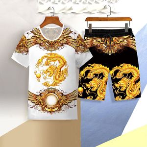 Fatos de treino masculinos de verão roupas esportivas masculinas 3D Tiger Outfit de manga curta Casual Slim T-shirt Shorts Chinese Dragon Printed Sports Sets 230727