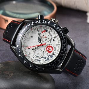 2023 omeg Master Mens Watch Japan Quartz Movement Subdial Chronograph Stopwatch Soft Leather Strap Luminous Splash Waterproof Design Clock Montre De Luxe