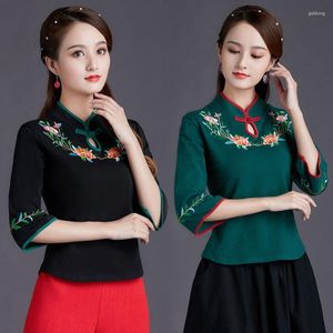 Ethnic Clothing Noble Women Daily Shirt Chinese Style Mandarin Collar Tang Top Vintage Ladies Embroidery Flower Blouse Casual Hanfu