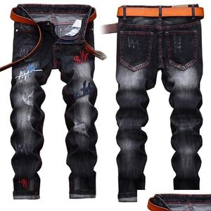 Men'S Jeans Mens High Quality Denim Trousers Men Straight Black Embroidery Fashion Designer Casual Tear Hip Hop Drop Delivery Apparel Dhtpe