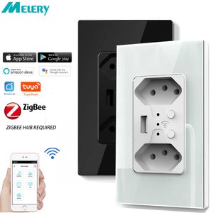 Smart Power Plugs Smart Zigbee Brazil Wall Socket USB Electric Plug Tomada Outlets PC Glass Panel Remote by Tuya Alexa Home Hub Required HKD230727