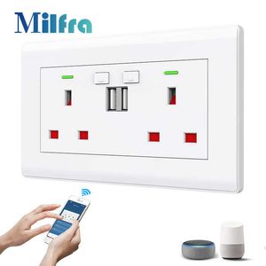 Smart Power Plugs Tuya WiFi Socket med dubbla USB 5V/2.1A SMART HOME SWITCH UK PLIC PLIFE LIFE Outlets Voice Control via Home Alexa HKD230727