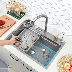 Lavello da cucina in acciaio inossidabile 304 grande a fessura singola con rubinetto multifunzione a cascata per il rinnovamento della cucina