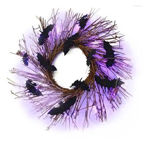 Fiori decorativi Ghirlanda artificiale di pipistrello nero da 17,7 pollici di Halloween con luci viola Decorazioni per porte d'ingresso spettrali per interni ed esterni