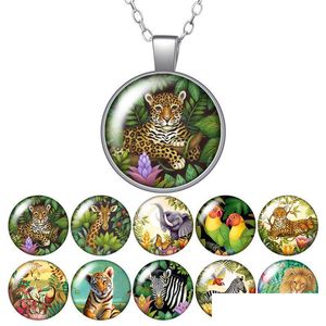 Pendant Necklaces Forest Animals Tiger Leopard Elephant Round Necklace 25Mm Glass Cabochon Sier Color Jewelry Women Birthday Gift 50Cm Dhshm