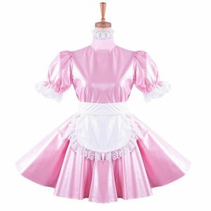 Pink Pearl Leather Sissy Maid Dress Halloween Cosplay Costume306x