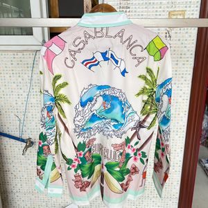 Mens Casual Shirts Colorful Casablanca Surf Club Långärmning Skjorta Thin Silk Men Kvinnor Hawaii Beach Coconut Scene Intression Tryck överdimensionerad 230726