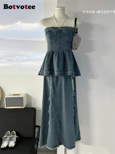 Zweiteiliges Kleid Botvotee Denim-Sets Damen-Outfits Mode trägerlose Rüschen solide Oberteile Vintage lässiger geteilter Midirock 230727