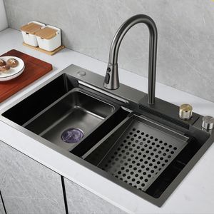 Quilding Nano Black Raindance Gun Metal ze stali nierdzewnej 304 Waterfall Kitchen Sink z wyciągającym kranem