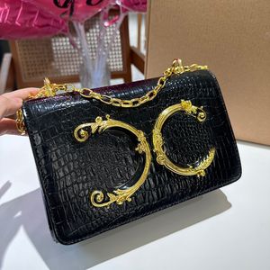 Designer Fashion Shoulder Crossbody Large Metal Underarm Women's Flip Bag Crocodile Print Messenger Chain Small Square Bag Black