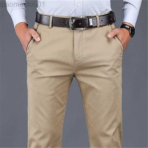 Men's Pants 98% Cotton Casual Pants Men High Waist Elastic Straight Loose Trousers Mens Solid Color Business Dress Pants Brand Man Clothes L230727