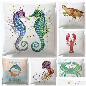 Cushion Cover Soft Super Linen Pillow Case Private Rectangar Seahorse Turtle Fish Lovely Animal Sofa Drop Delivery Home Garden El Su Dhbk4