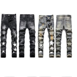 Men's jeans European jean hombre letter star men perforated embroidery patchwork ripped trend brand motorcycle pant mens skinny fashion elastic slim fit pants