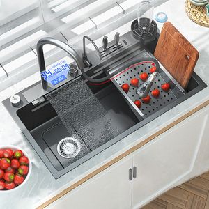 حوض مطبخ من الفولاذ المقاوم للصدأ كوبا شلال أسود نانو غسل حوض ذكي بالوعة كبيرة متعددة الوظائف