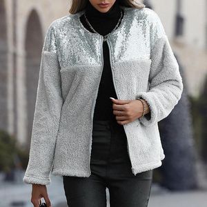 Women's Jackets Women Hooded Jacket Fall Casual H Long Sleeve Sequin Zipper Round Neck Reversible Velvet Loose Coat