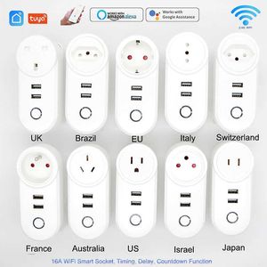 Plugues de energia inteligentes 16a tuya USB WiFi Smart Plug EU UK US Israel Br Au Fr Wireless Power Remote Control Timer Socket Alexa Home HKD230727