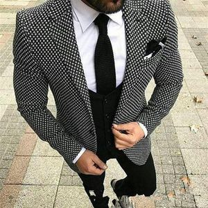 Krawiec wykonany w kratkę Czarne białe mężczyzn garnitury Slim Fit Formal Groom Prom Blazer 3 -częściowy smoking małżeński marynarka