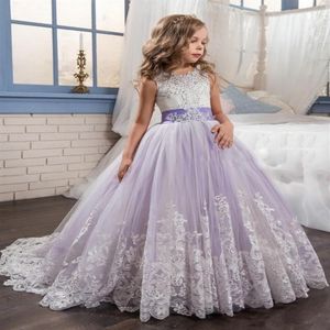 Beautiful Purple and White Flower Girls Dresses Beaded Lace Appliqued Bows Pageant Gowns for Kids Wedding Party Dresses For Girl329r