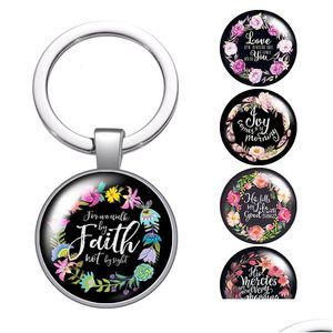 Keychains Lanyards Flowers Artistic Font Words Faith Glass Cabochon Keychain Bag Car Key Rings Holder Charms Sier Plated Chains Wome Dhd7W