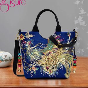 Evening Bags Gusure Women Shoulder Bag Handmade Embroidery Peacock Bohemia Ethnic Style Retro Handbag Large Capacity Messenger Tote for Girl 230727