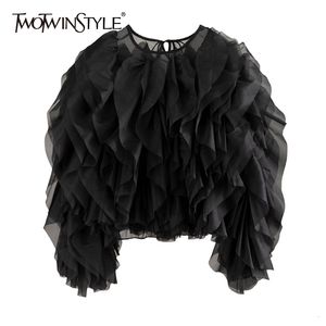 Women's Blouses Shirts TWOTWINSTYLE Vintage Patchwork Ruffle Shirt For Women O Neck Lantern Long Sleeve Solid Elegant Blouse Female Fashion Style 230726