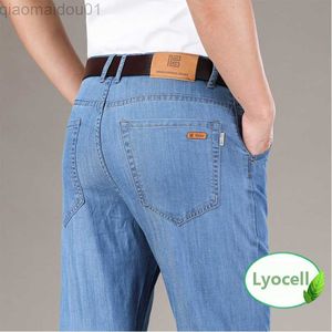 Herrbyxor 100% lyocell män jeans 2022 sommar tunt företag casual ljusblå elastisk kraft mode denim jeans byxor manliga märke byxor l230727