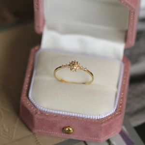 Wedding Rings GOLDtutu 9k Solid Gold Crystal Ring Snowflake Shape Minimalist Simple Stacking Dainty Statement Solitaire 230726