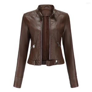 Jaqueta de couro feminina Moto Biker com zíper Roxo Violeta Vermelho Café 2023 Casaco Fashion Veste Cuir Femme Feminino Falso Outono Primavera