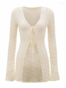 Women's T Shirts Women 90s Bell Sleeve Tie Front Textured Sheer Top Solid Long Tee Mesh Sexig Y2K Söt täckning Knut Cardigan