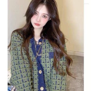 Frauen Strick Duftenden Plaid Frauen Frühling Herbst 2023 Retro Einfache Mode Vielseitig Lose Vintage Langarm Strickjacke Pullover