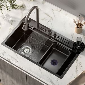 Kitchen Sink Steel Kitchen Waterfall Sink Digital Display Large Single Dish Basin with Multifunction Touch Kitchen Sink
