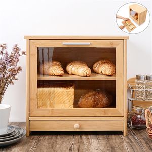 Bambus-Brotkasten, Aufbewahrungsbox, Behälter mit Schneidebrett, doppellagige Schublade, große Lebensmittelbehälter, Küchen-Organizer, Heimdekoration, 20101253C