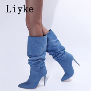 Boots Liyke Autumn Winter Sexy 11CM Stiletto Heels Blue Denim Knee High Boots Women Party Fashion Pleated Pointed Toe Shoe Botas Mujer 230727