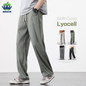 T-Shirt Summer Soft Lyocell Fabric Men's Trousers Thin Baggy Straight Wide Leg Pants Drawstring Elastic Waist Korea Jogger Casual Pant