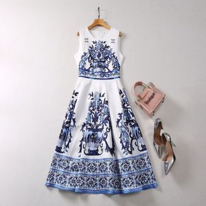 2023 Autumn Blue Paisley Print Blue and White Porcelain Dressless Dressless Round Dound Midi Dresses Dresses A3Q191341 Plus Size XXL