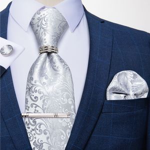 Neck Ties Fashion Men's Ties Silver Floral 8cm Silk Neck Tie Business Wedding Party Gravata Ting Ring Clip Cravat Gift For Men DiBanGu 230727