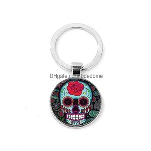 Keychains Lanyards Mexico Sugar Skl Nyckelring Folk Art Mönster Day of the Dead Glass Round Key Chain Handmade Halloween Ring Drop Del Dhn3C