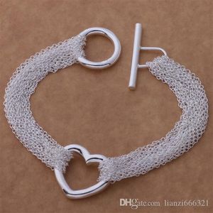 Top 925 Silver Bracelet Multi Links Chain Heart Pendant Bracelet Silver Jewelry 10Pcs lot cheap 10232618