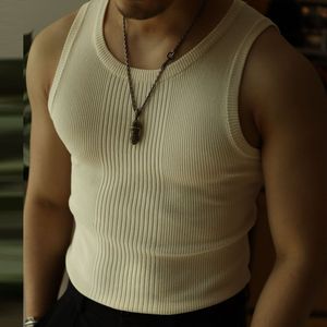 Men's Tank Tops Casual Solid Knitted Top Men Summer Fashion Ribbed Vest Mens Slim Fit Crew Neck Sleeveless Man Clothes Streetwear 230726