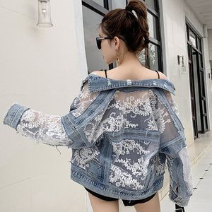 Jaquetas Femininas Streetwear Feminina Renda Gancho Flor oco Patchwork Bordas Desfiadas Buraco Jaqueta Jeans Manga Comprida Verão Casual Veste Femme 230727