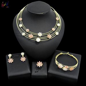 Yulaili dubai altın takı setleri kadınlar için parti çiçek şekli kristal kolye küpeler bilezik yüzüğü düğün gelin mücevherleri300b