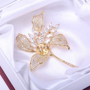 Stift broscher diy pärltillbehör med tom koppar pläterad 18k guld stor blomma zirkon utsökt jade agat brosch temperament 230727