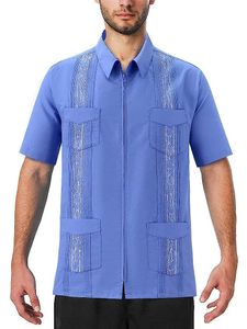 Freizeithemden für Herren, kurzärmelig, kubanisches Guayabera-Mexikanisches Hawaiihemd mit durchgehendem Reißverschluss vorne und Tasche 230726