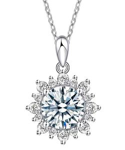 Vacker 1 5 ct runda snittade riktiga Moissanite Solitaire Pendant -halsband i 18K vitt guld över silver